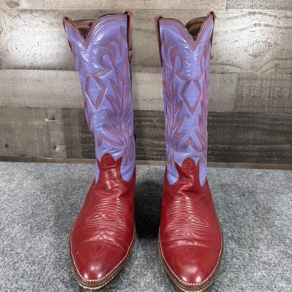 Vintage Botas Patros Leather Cowboy Boots Red Purple Stitch Western Cowgirl 10.5